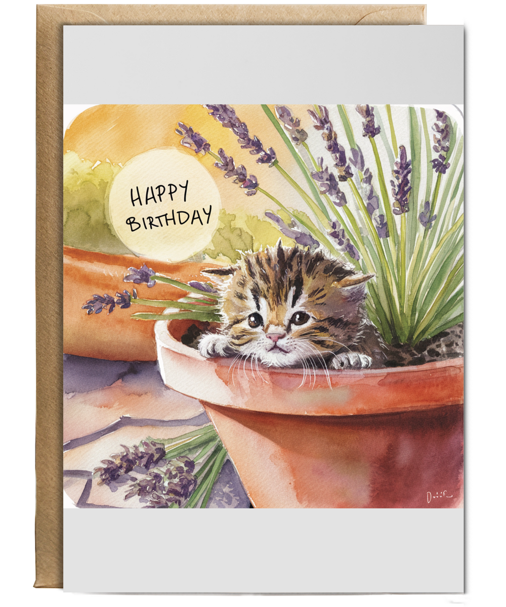 Happy Birthday cute kitten plant pot lavender watercolour
