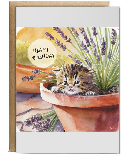 Happy Birthday cute kitten plant pot lavender watercolour