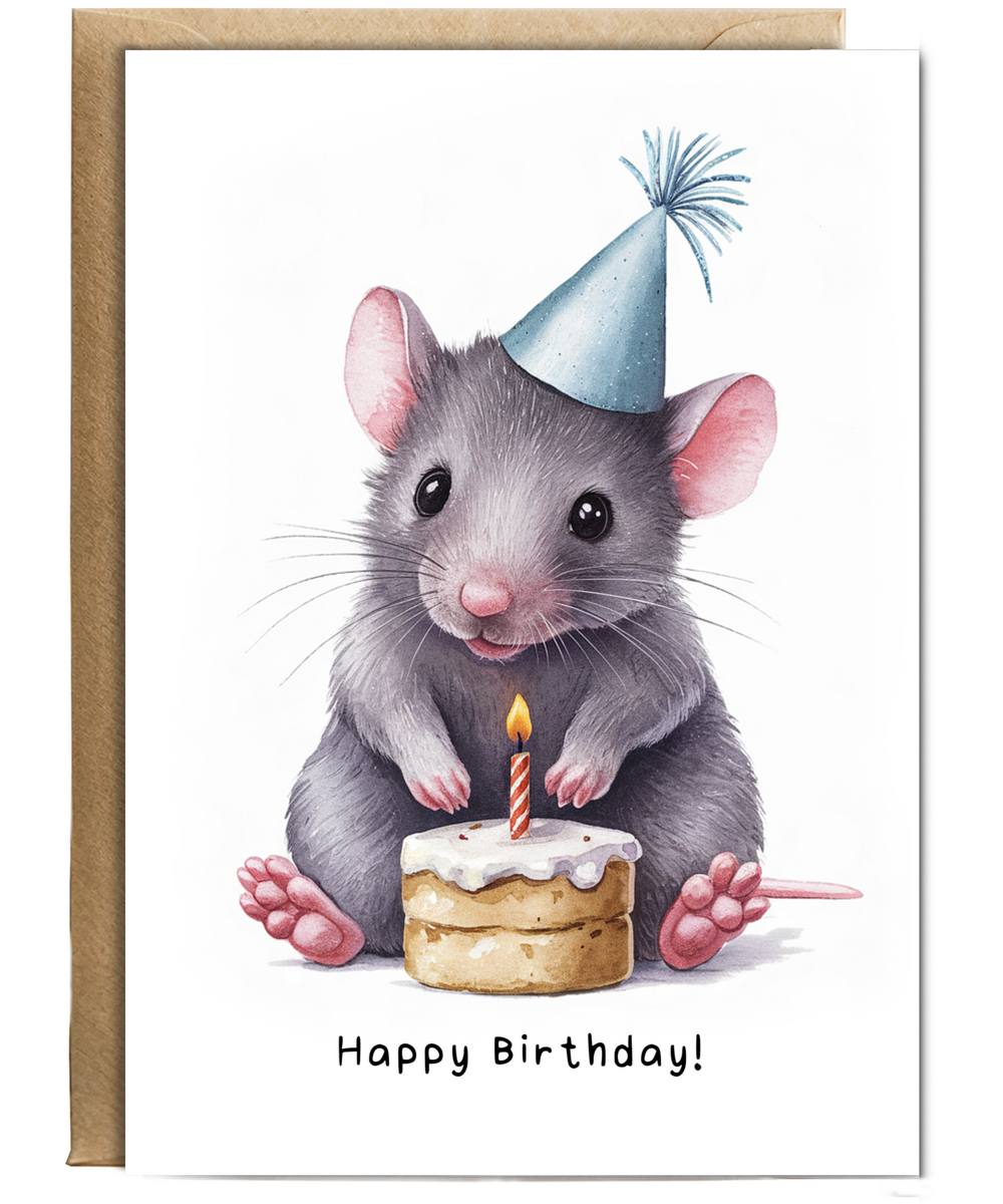 Baby Mouse Birthday Card Adorable Animal Watercolour Illustration