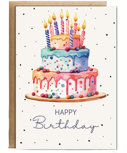 Happy Birthday card Water coloured polka dot cake
