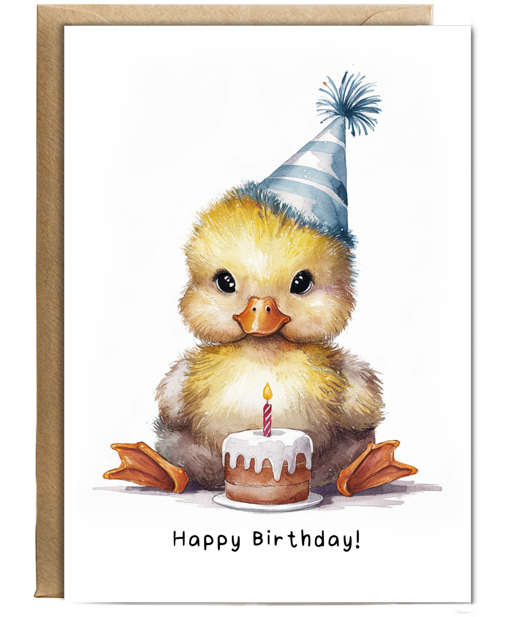 Baby Duck Birthday Card Adorable Animal Watercolour Illustration