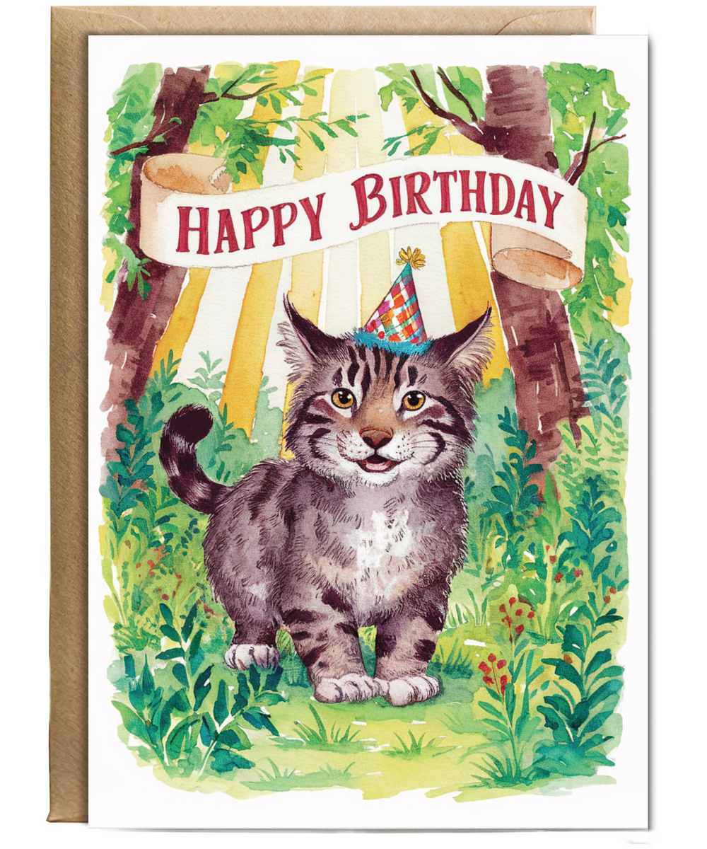 Happy Birthday cute wildcat watercolour