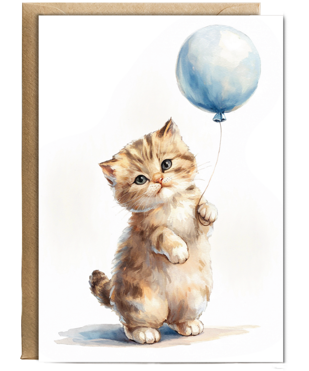 Kitten with a blue balloon