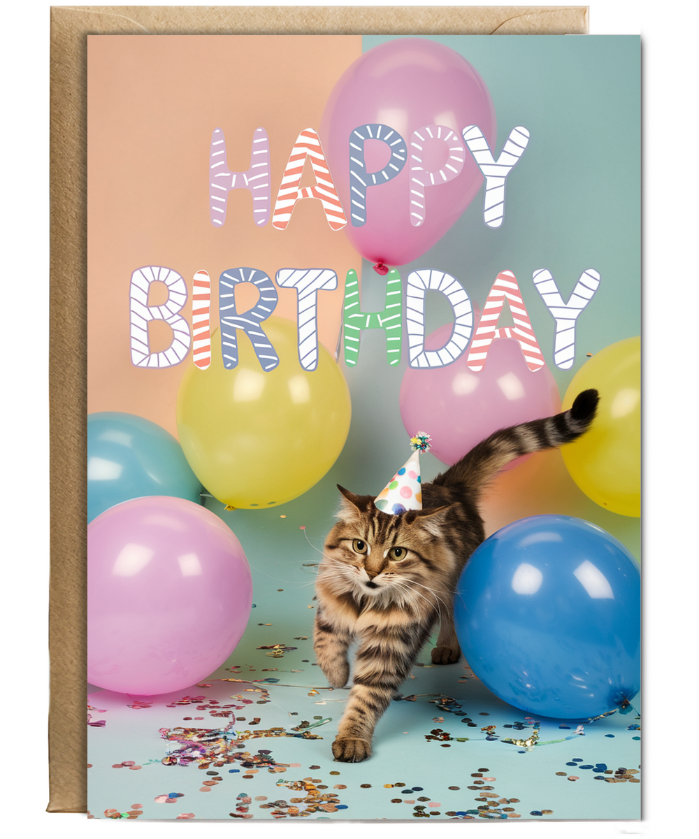 Happy Birthday with Cat with Balloons
