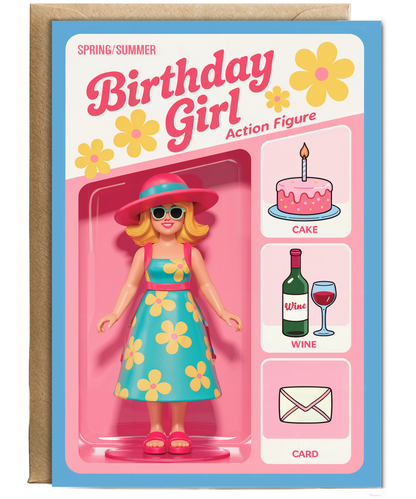 Happy Birthday card spring and summer birthday girl action figure