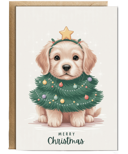 Golden retriever in christmas tree costume