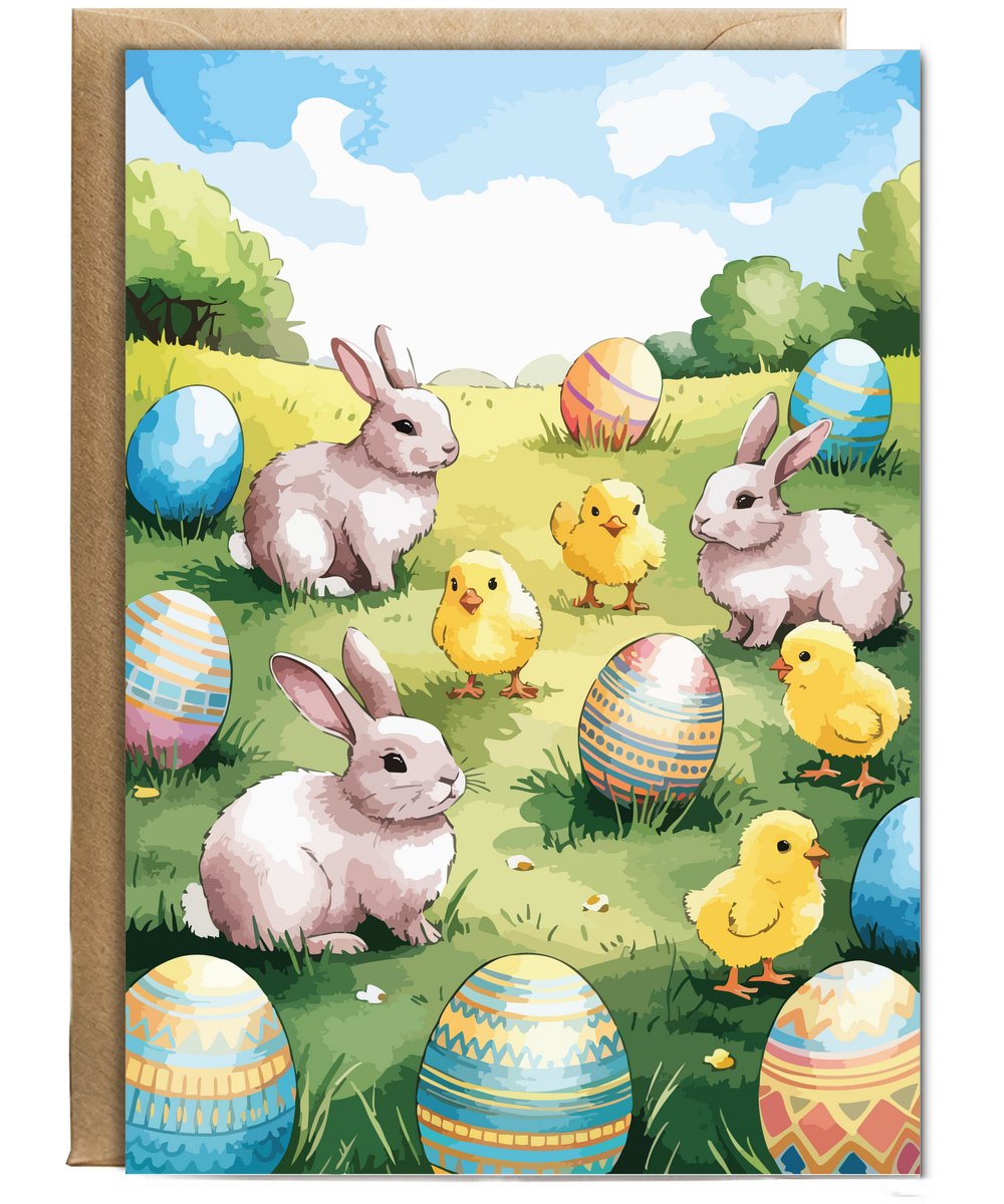 Easter field eggs chicks and bunnies
