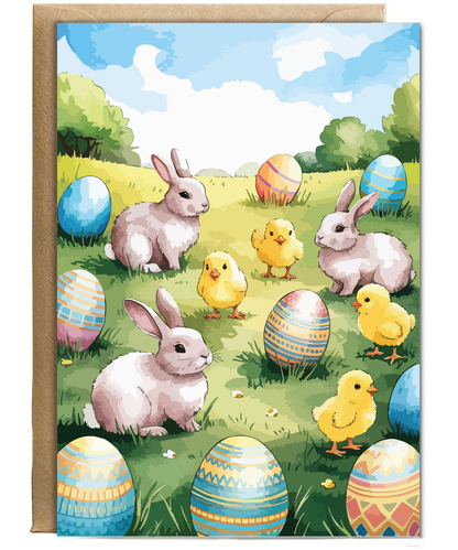 Easter field eggs chicks and bunnies