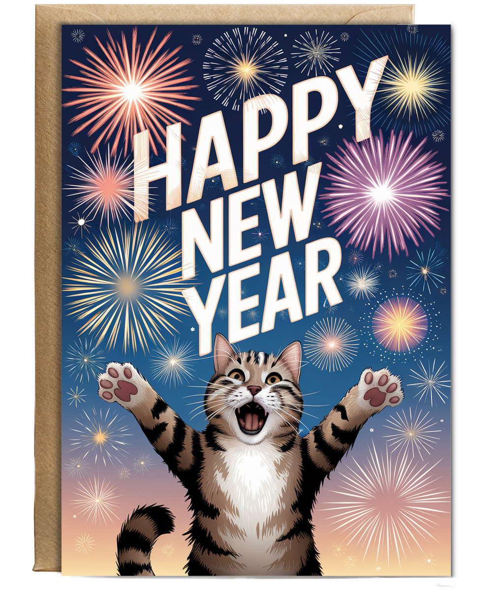 Happy New Year - Cat with Fireworks