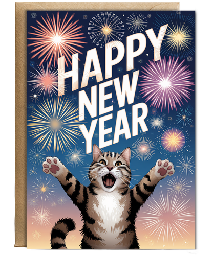 Happy New Year - Cat with Fireworks