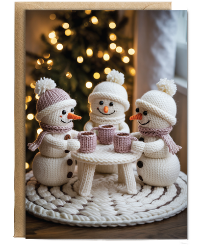 Knitted 3 snowmen drinking hot chocolate
