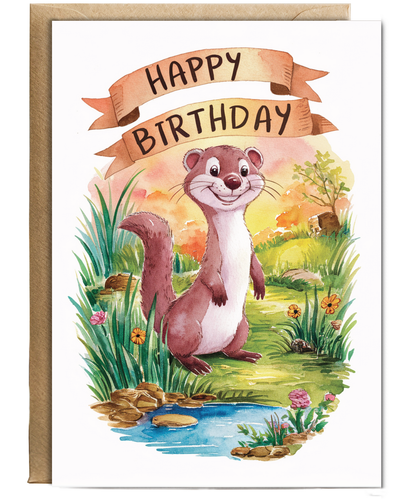 Happy Birthday cute weasel watercolour