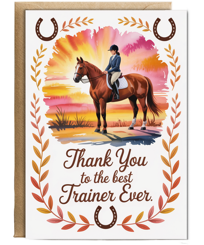 Thank You Card for Riding Instructor with Horse and Sunset