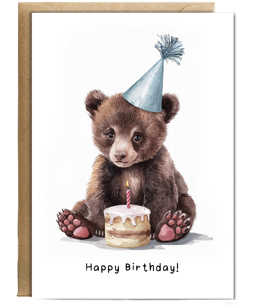 Baby Bear Birthday Card Adorable Animal Watercolour Illustration