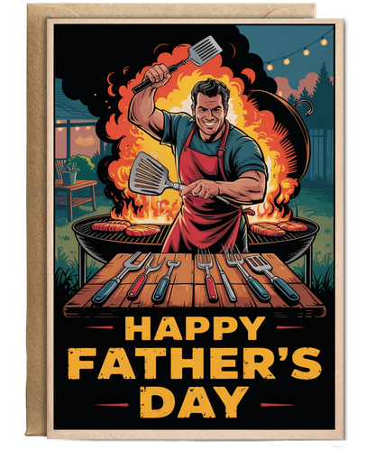 Funny Fathers Day Card Big Muscly Charming Dad at the BBQ