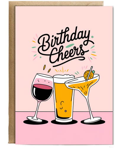 Birthday Cheers Card for her wine, beer, and cocktail pink