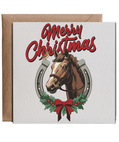 Retro Western Holiday Merry Christmas Country Horse and Lucky Horse Shoe Wreath