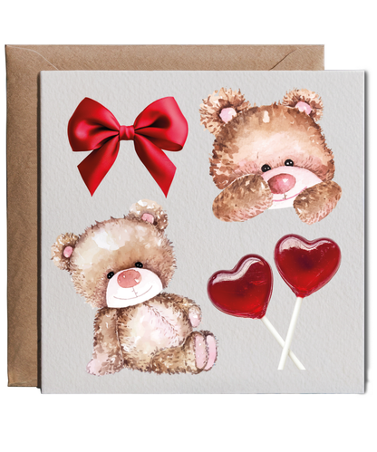 Cute Teddy Bear and Heart Lollipops Romantic Soft Sweetheart Valentine