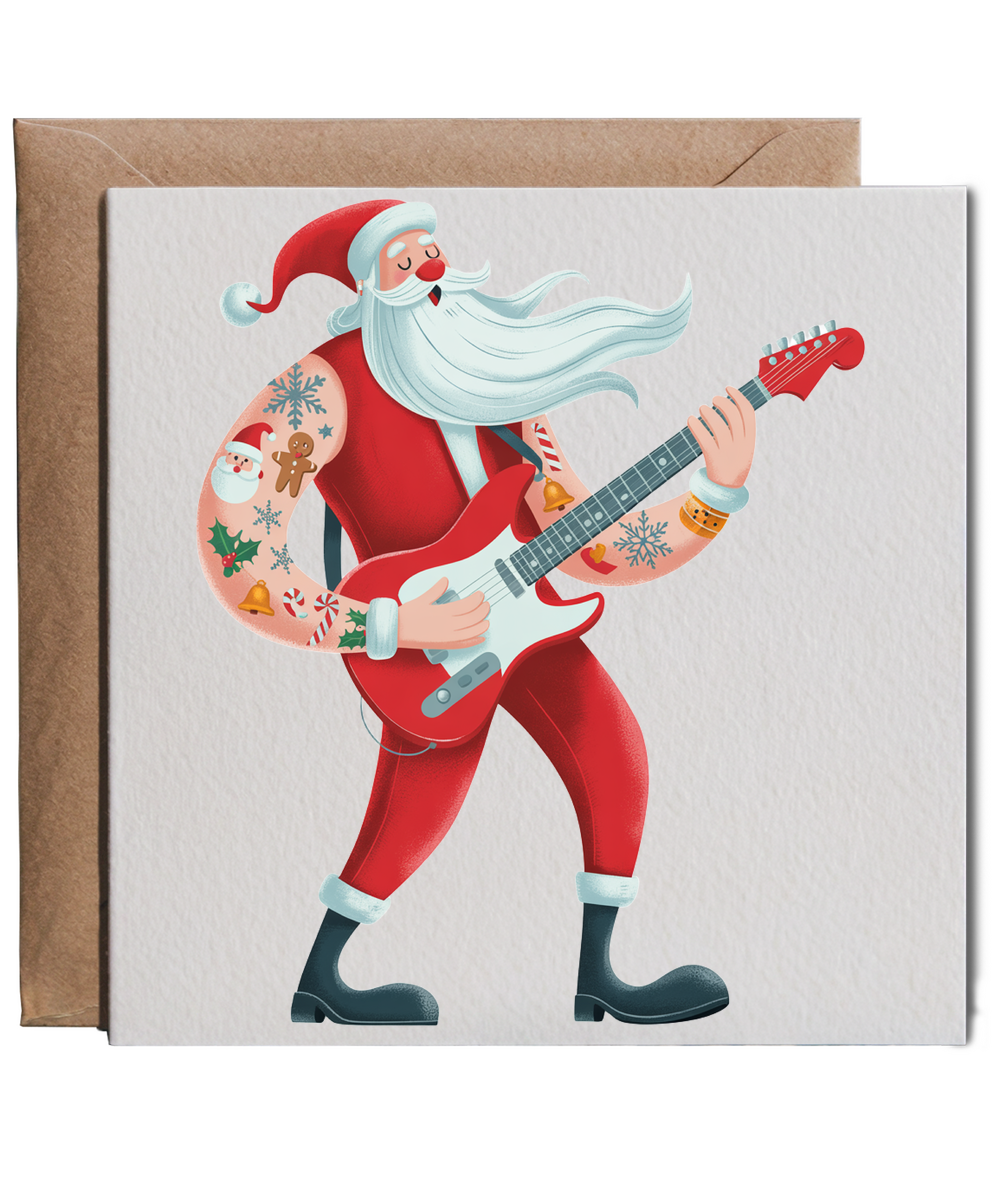 Christmas rock and roll santa playing guitar