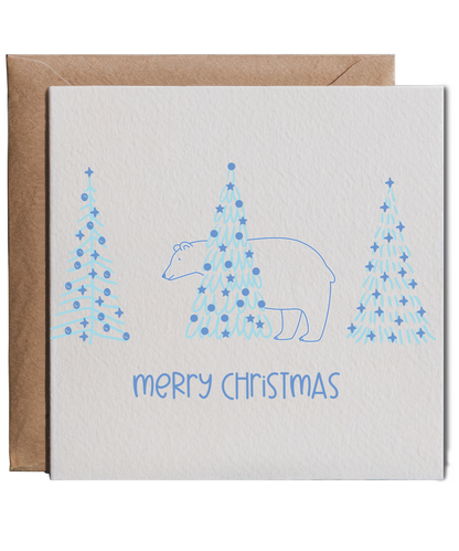 Merry Christmas Cute Polar Bear Hiding Behind Pine Trees