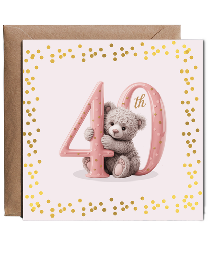 Elegant Happy Birthday 40th pink bear fake glitter effect