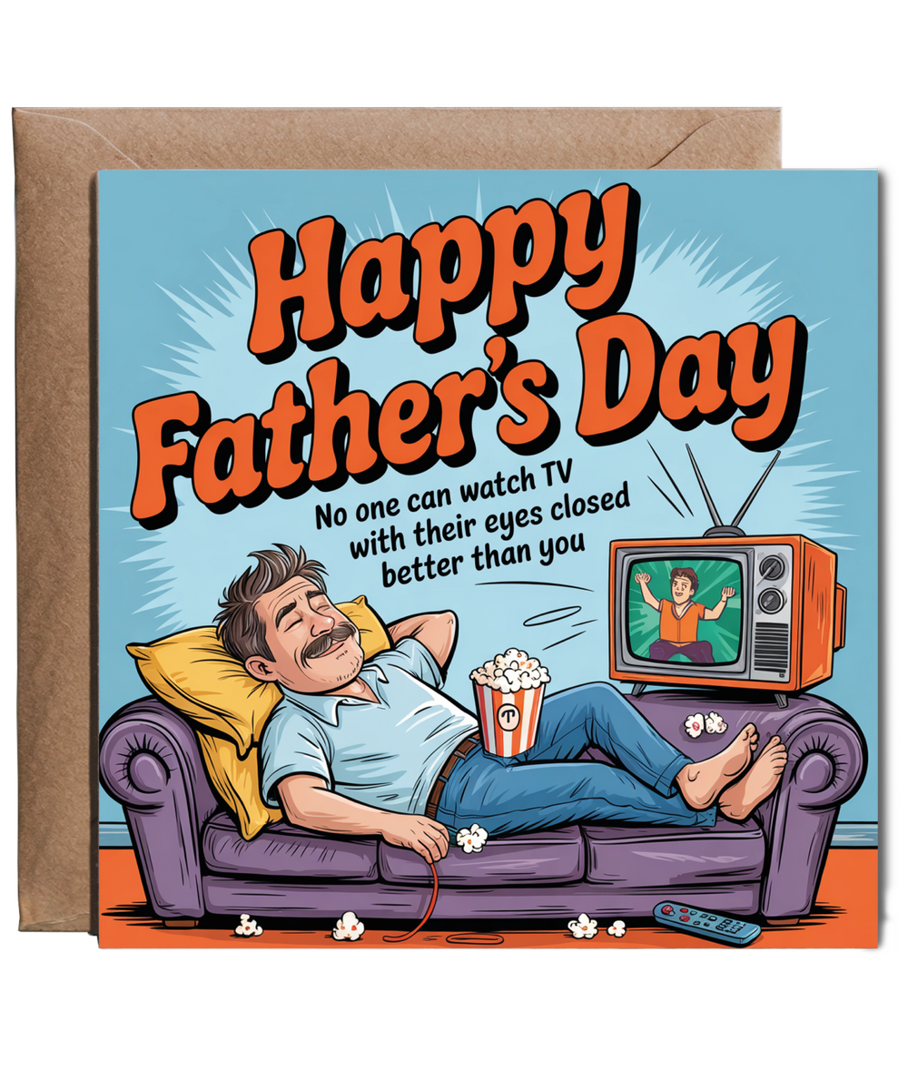 Funny Fathers Day Card Stereotypical Dad Falling Asleep Watching TV