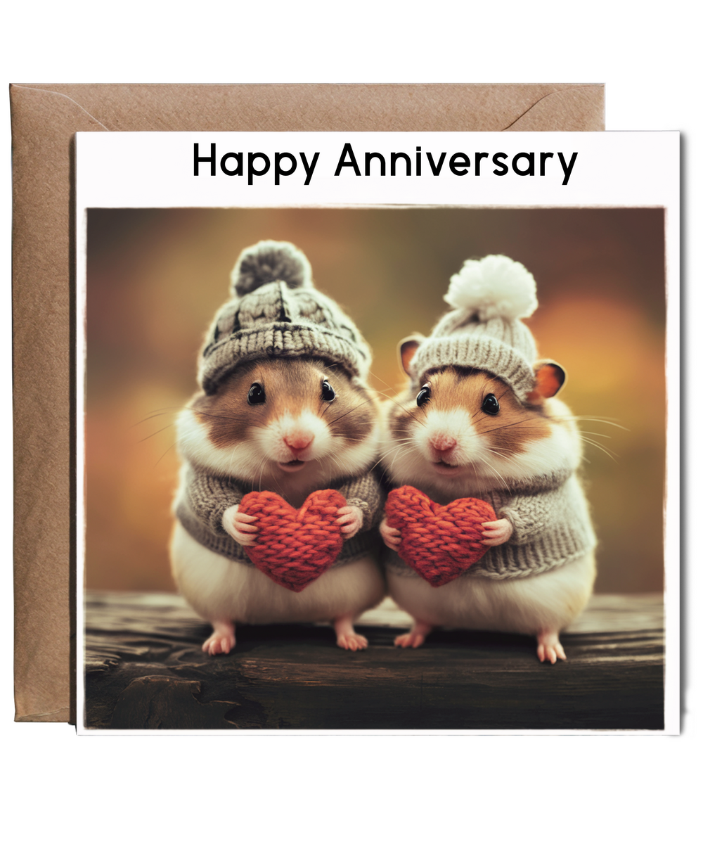 Happy Anniversary cute hamsters holding knitted hearts