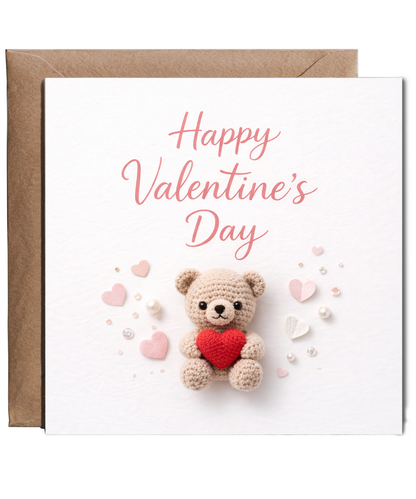 Romantic Crochet Teddy Bear Valentines Day 2D Card for Girlfriend Boyfriend Wife Husband