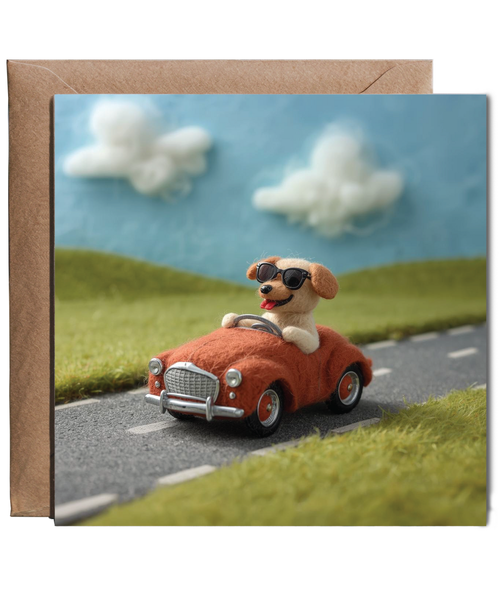 2D felt style dog driving a car