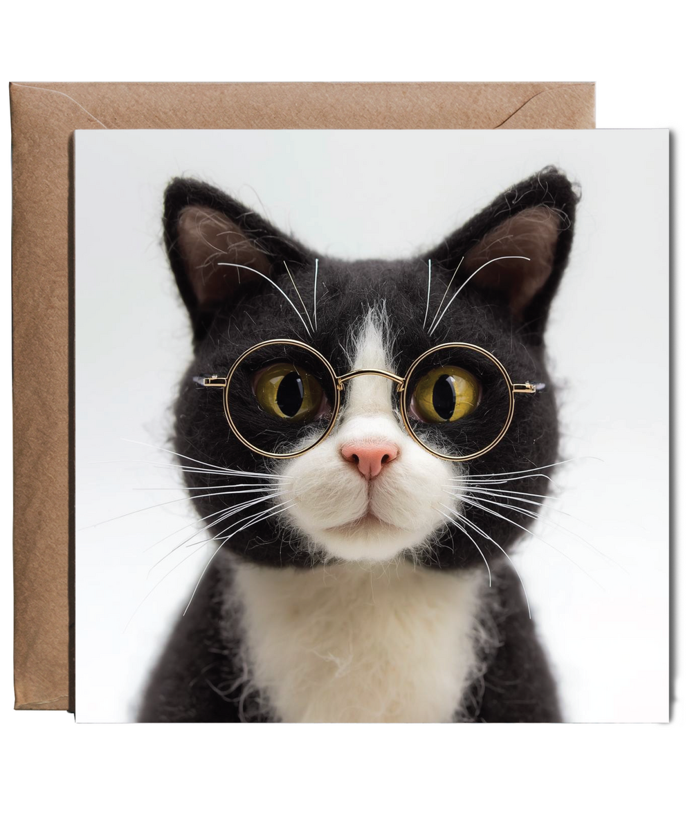 2D felt style tuxedo cat with glasses
