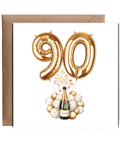 Golden 90th Balloon Birthday Card Celebrating Family and Friends