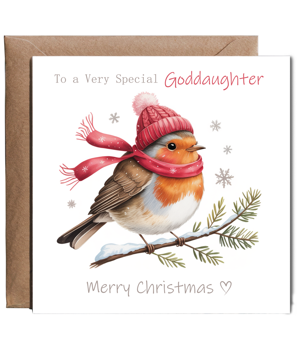 Merry Christmas Card to a Very Special Goddaughter Cute Winter Robin