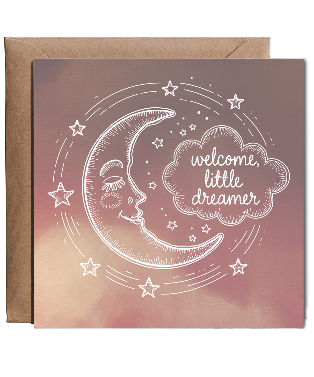 New Baby Card Welcome, Little Dreamer for boy or girl moon and stars