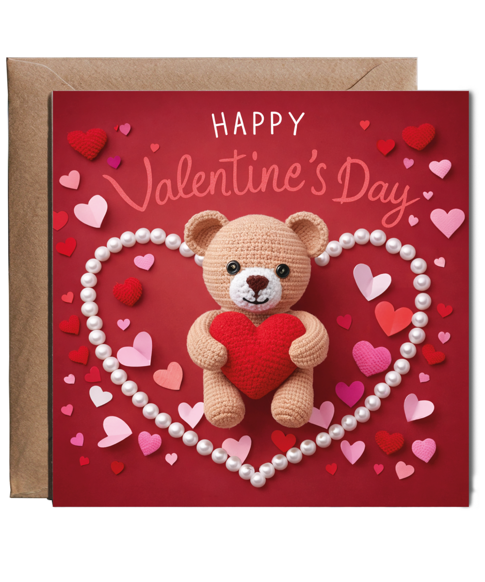 Happy Valentines Day Cute Crochet Loveheart Bear and Paper Hearts