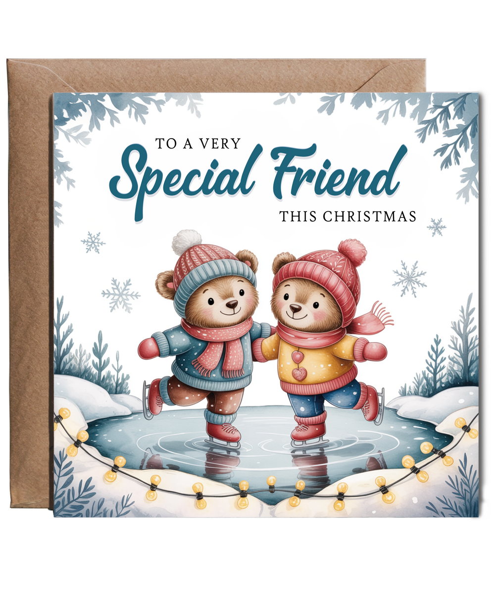Adorable Christmas Card to a Very Special Friend Teddy Bears Ice Skating