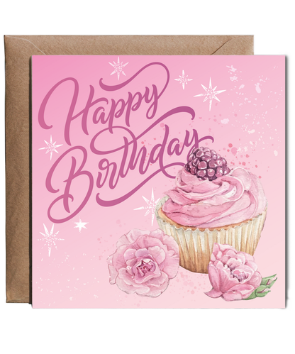 Happy Birthday Card for Her Elegant Rasberry Floral Cupcake