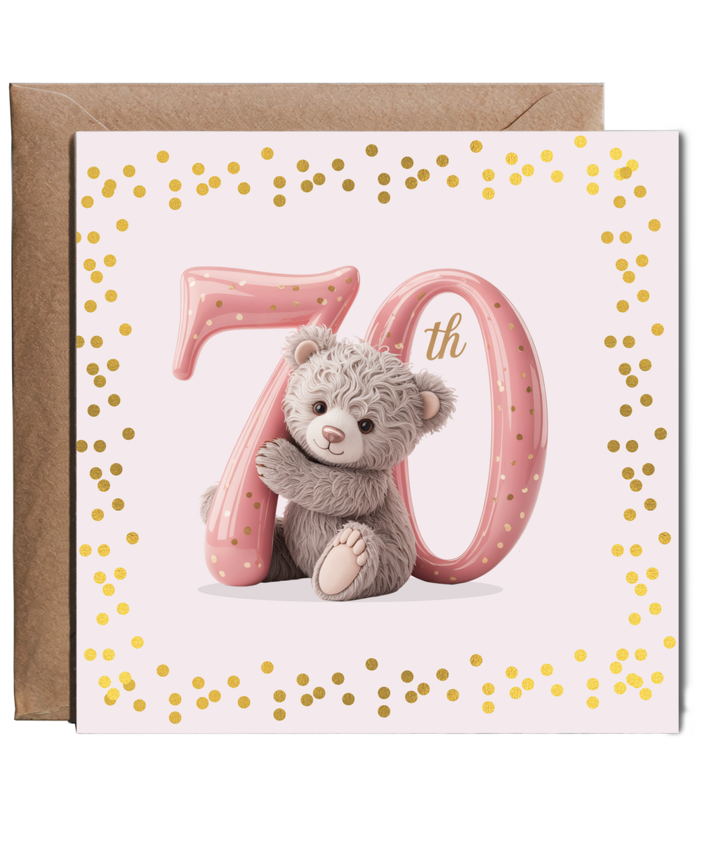 Elegant Happy Birthday 70th pink bear fake glitter effect