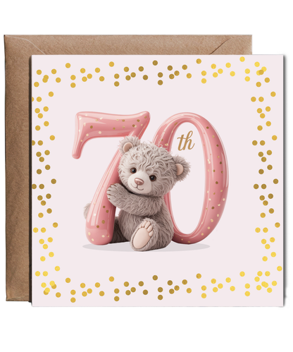 Elegant Happy Birthday 70th pink bear fake glitter effect