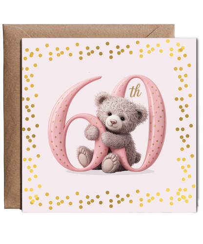 Elegant Happy Birthday 60th pink bear fake glitter effect