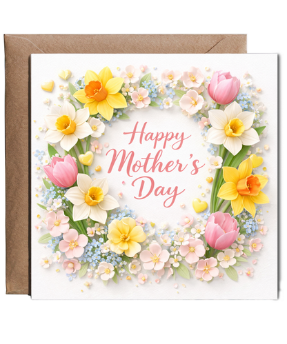 Elegant Mothers Day Card with Pastel Spring Flowers and Daffodils in Dimensional Style