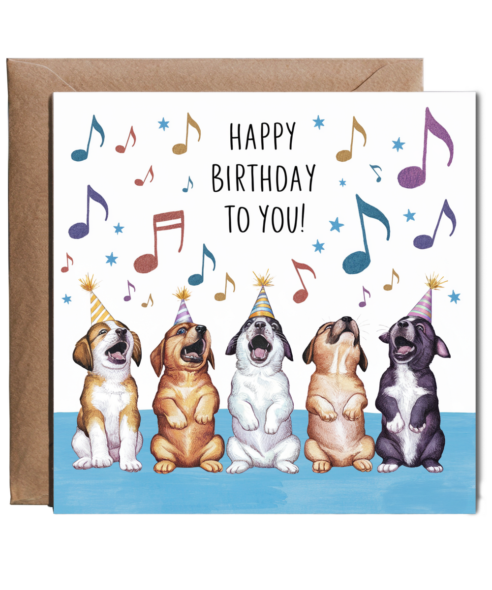 Funny Dog Birthday Card Cheerful Puppies Singing Happy Birthday to You