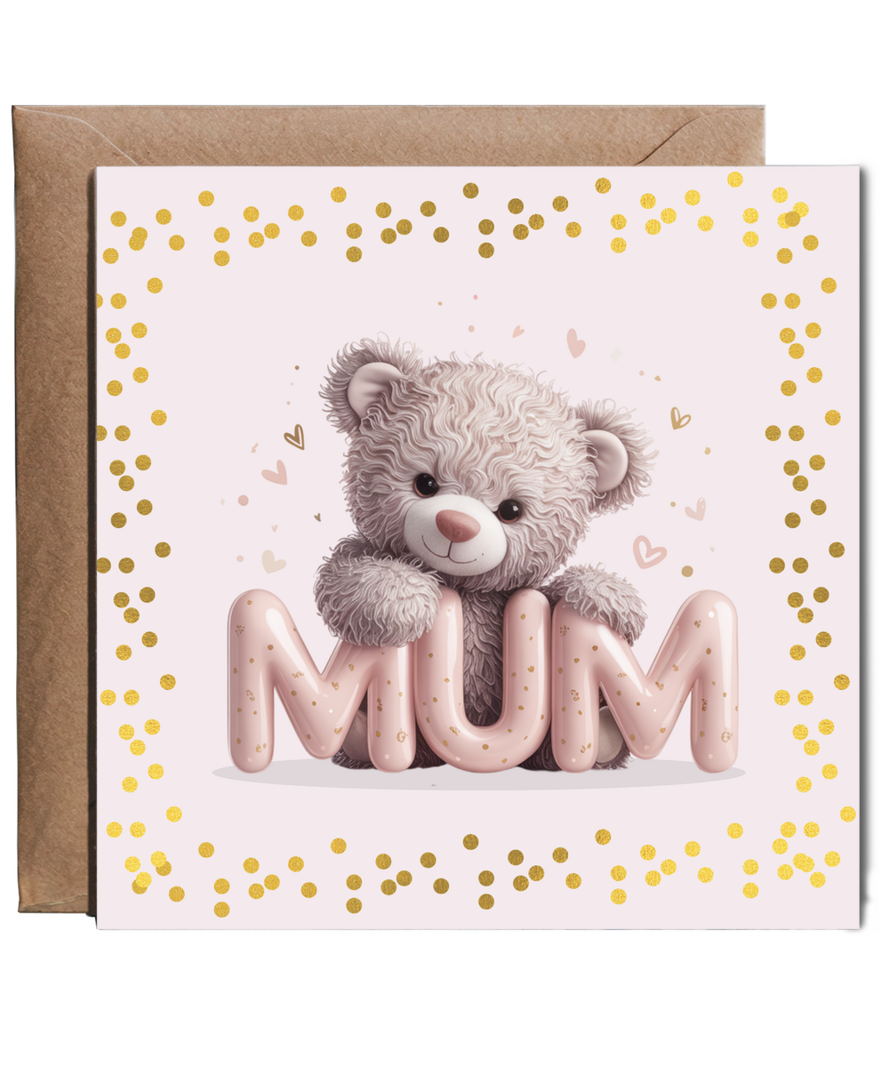 Elegant Happy Birthday mother's day mum pink bear fake glitter effect