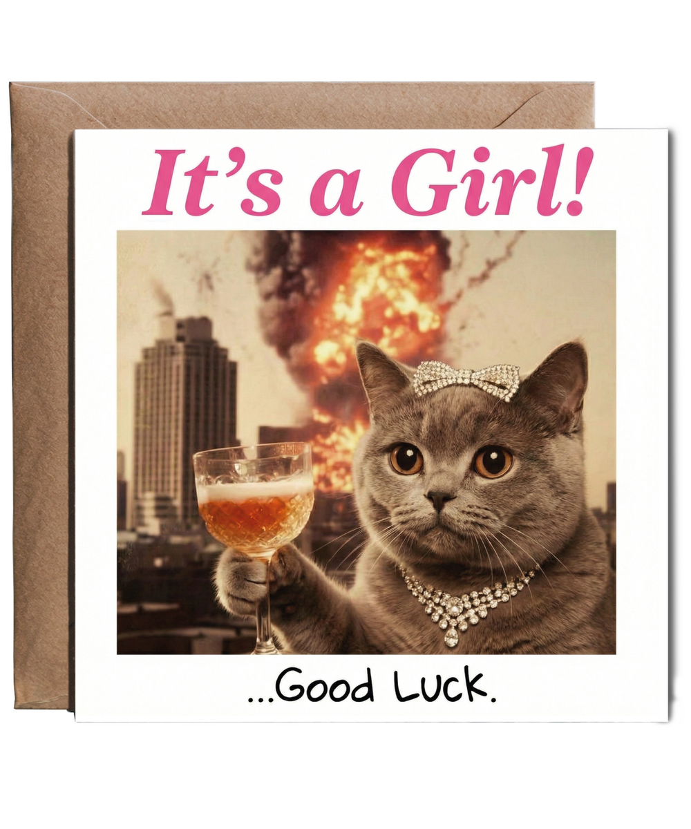 Funny Newborn Baby Girl Card Sassy Cat Good Luck Its a Girl