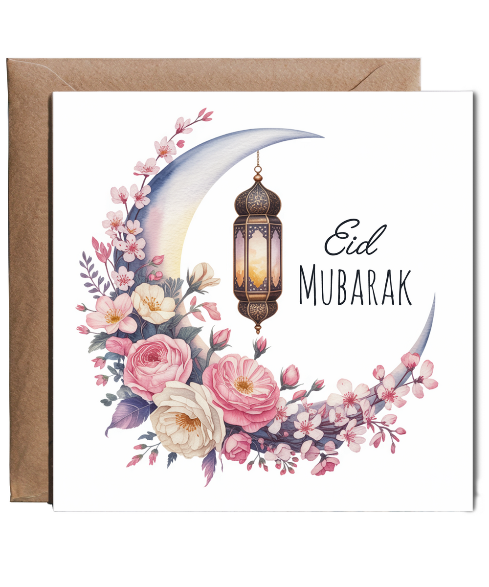 Eid Mubarak Greeting Card Crescent Floral Moon in Watercolour