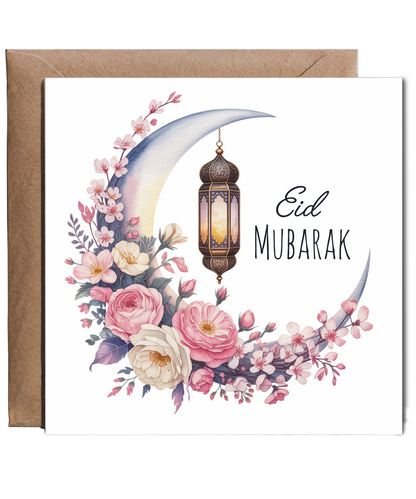 Eid Mubarak Greeting Card Crescent Floral Moon in Watercolour