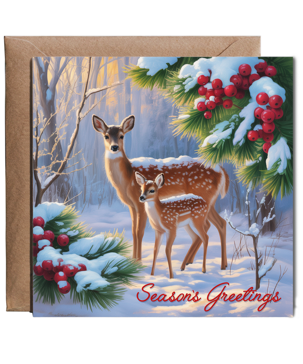 Seasons Greetings Christmas Card Mother and Her Fawn Painting