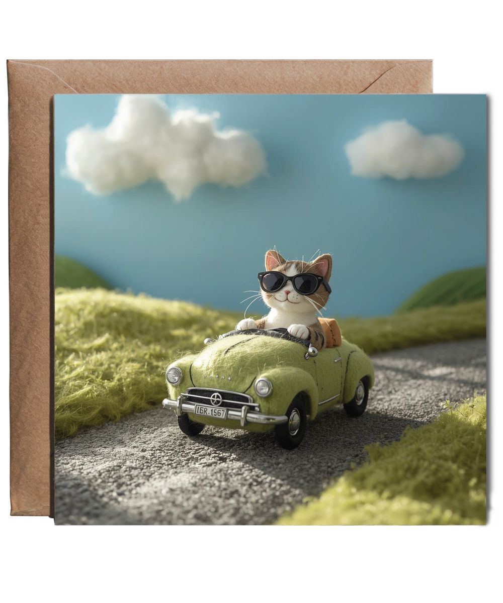 2D felt style cat driving car