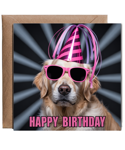Funny Pet Happy Birthday Card Silly Rave Party Golden Retriever for Family and Friends