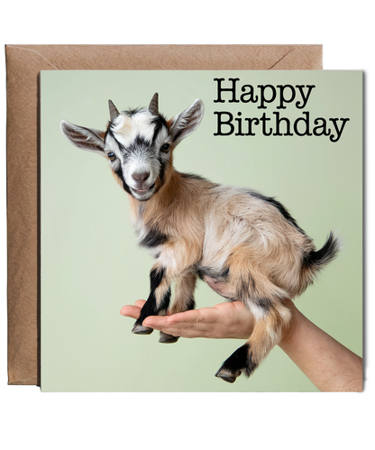 Happy Birthday card baby goat in hand cute pastel green