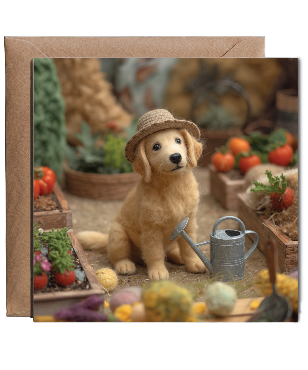 2D felt style Golden labrador gardener